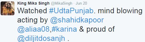 mika singh accolades shahid kapoor for udta punjab.